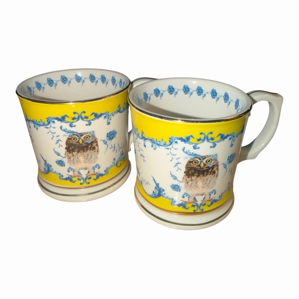 Anthropologie Lou Rota Nature Table Owl Mugs Set of 2 Yellow Blue Gold Trim